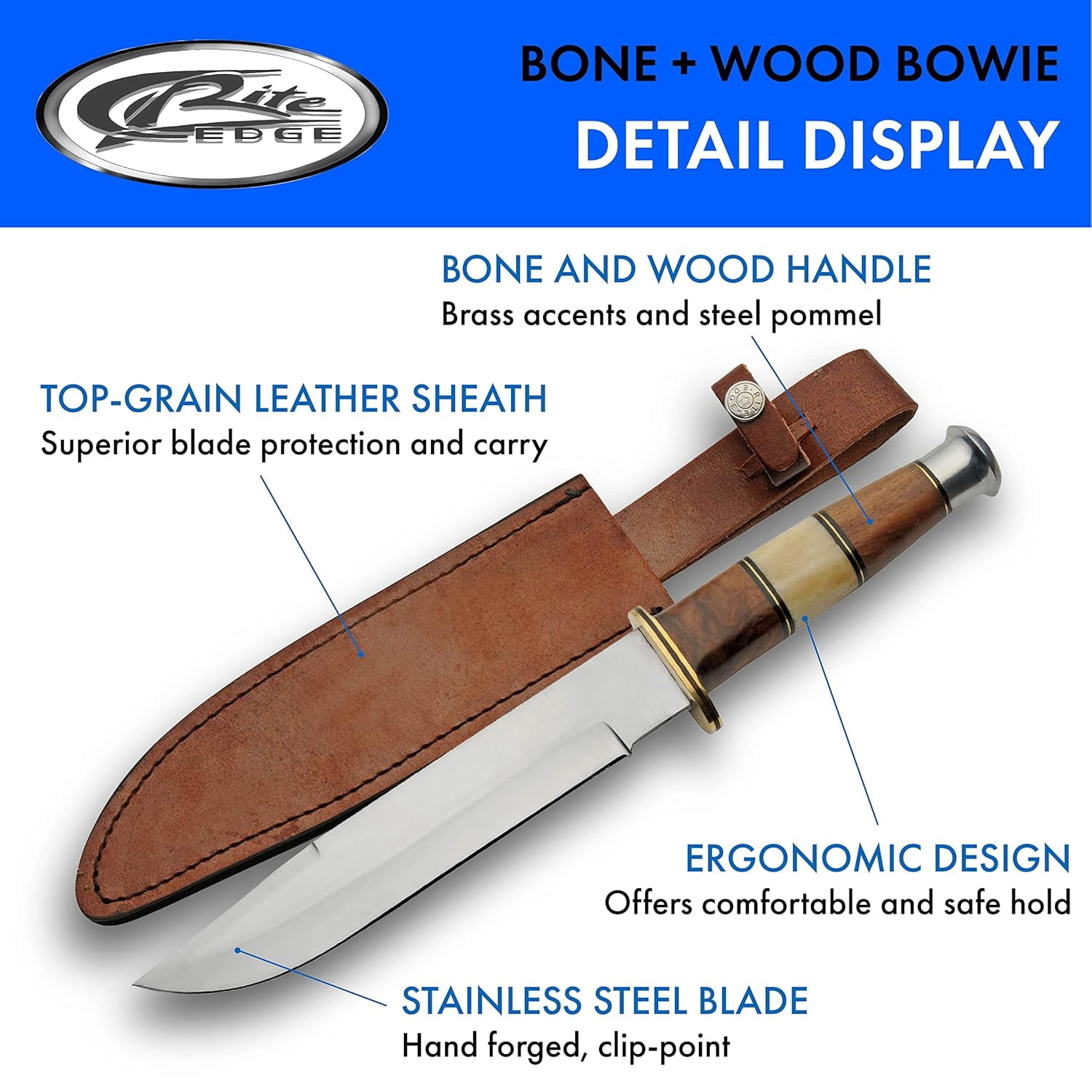 SZCO 10 Inch Fixed Blade Hunter Knife 5” Bone Wood Handle, Brass Guard & Pommel, Full Tang Outdoor Hunting Knife with Leather Sheath