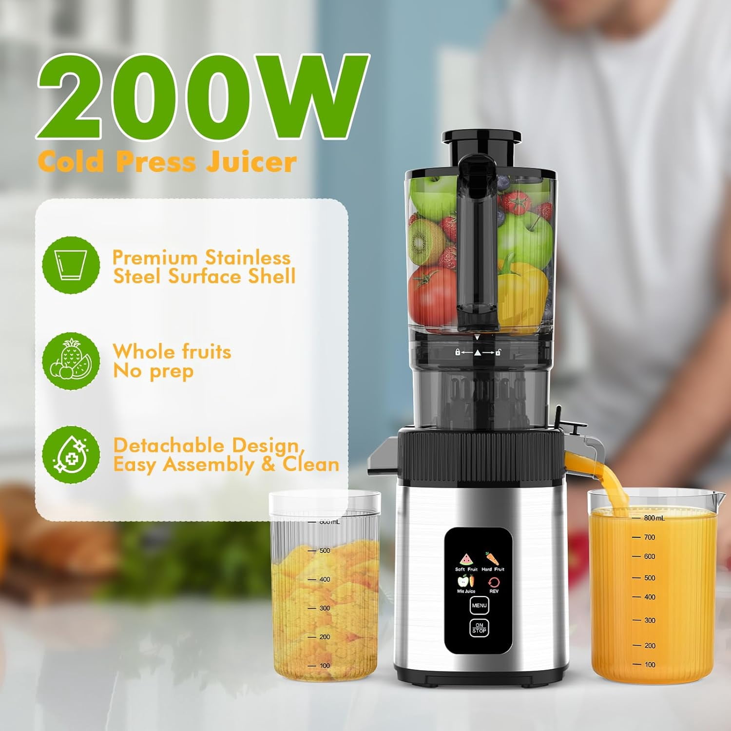 WAA Cold Press Slow Masticating Juicer 4.4" Feed Chute,High Juice Yield for Whole Fruits & Vegetables
