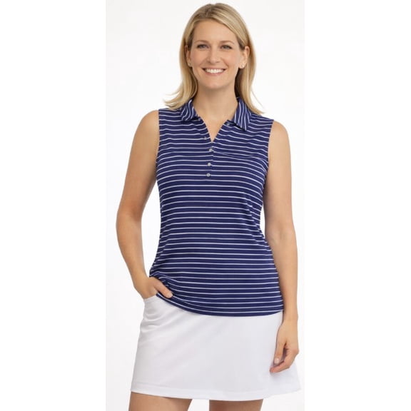 Pebble Beach Women’s Dry-Luxe™ Performance Sleeveless Golf Polo – Navy White Stripes, Medium