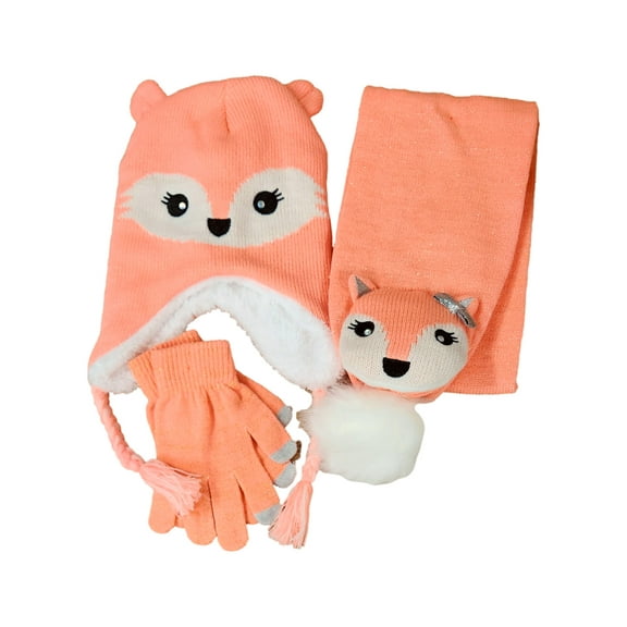 Girls 3 Piece Peach Fox Scarf Beanie & Gloves Trapper Hat Set