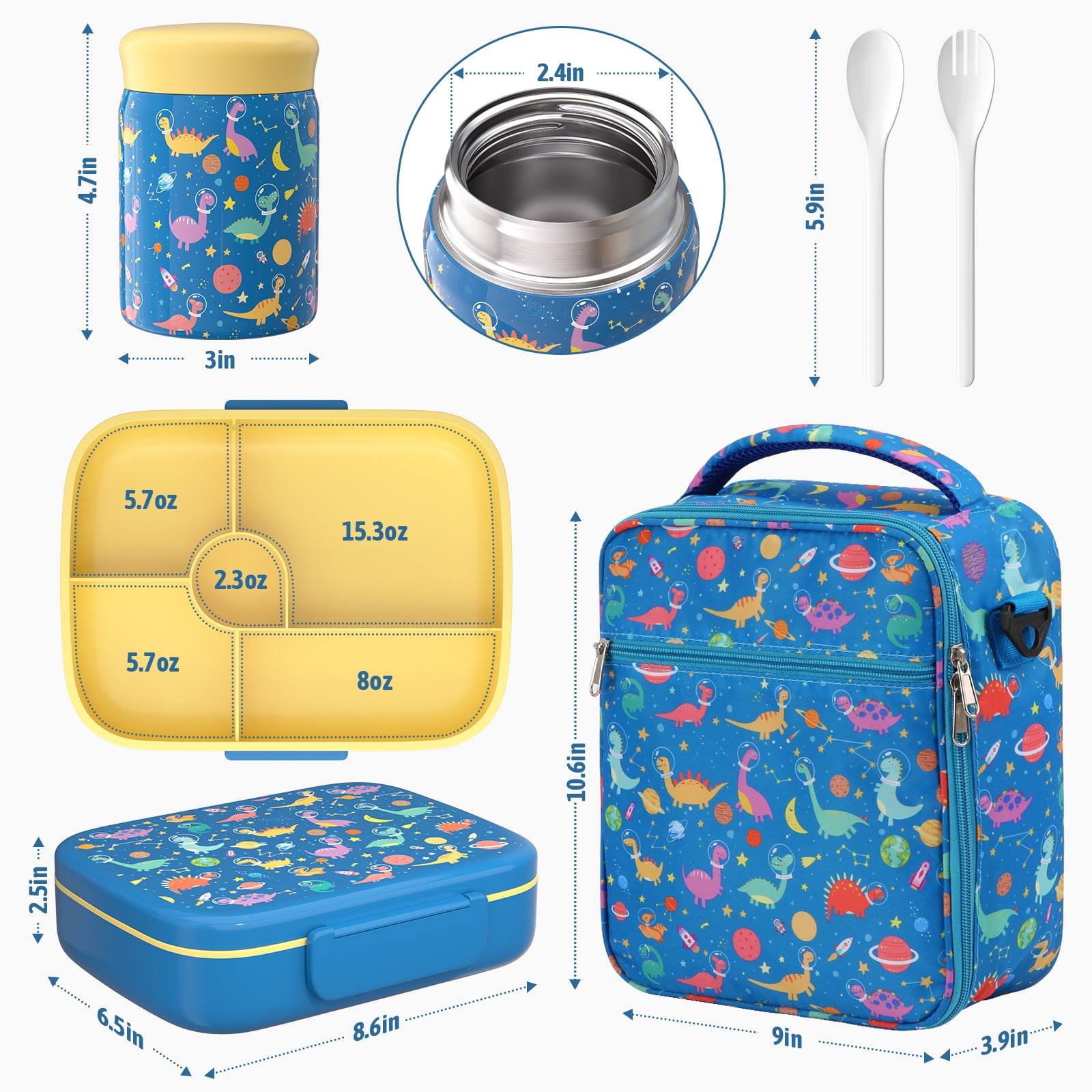TeSabMi Bento Lunch Box for Kids Insulated Bento Box with Leak Proof Thermos Food Jar Blue Dinosaur