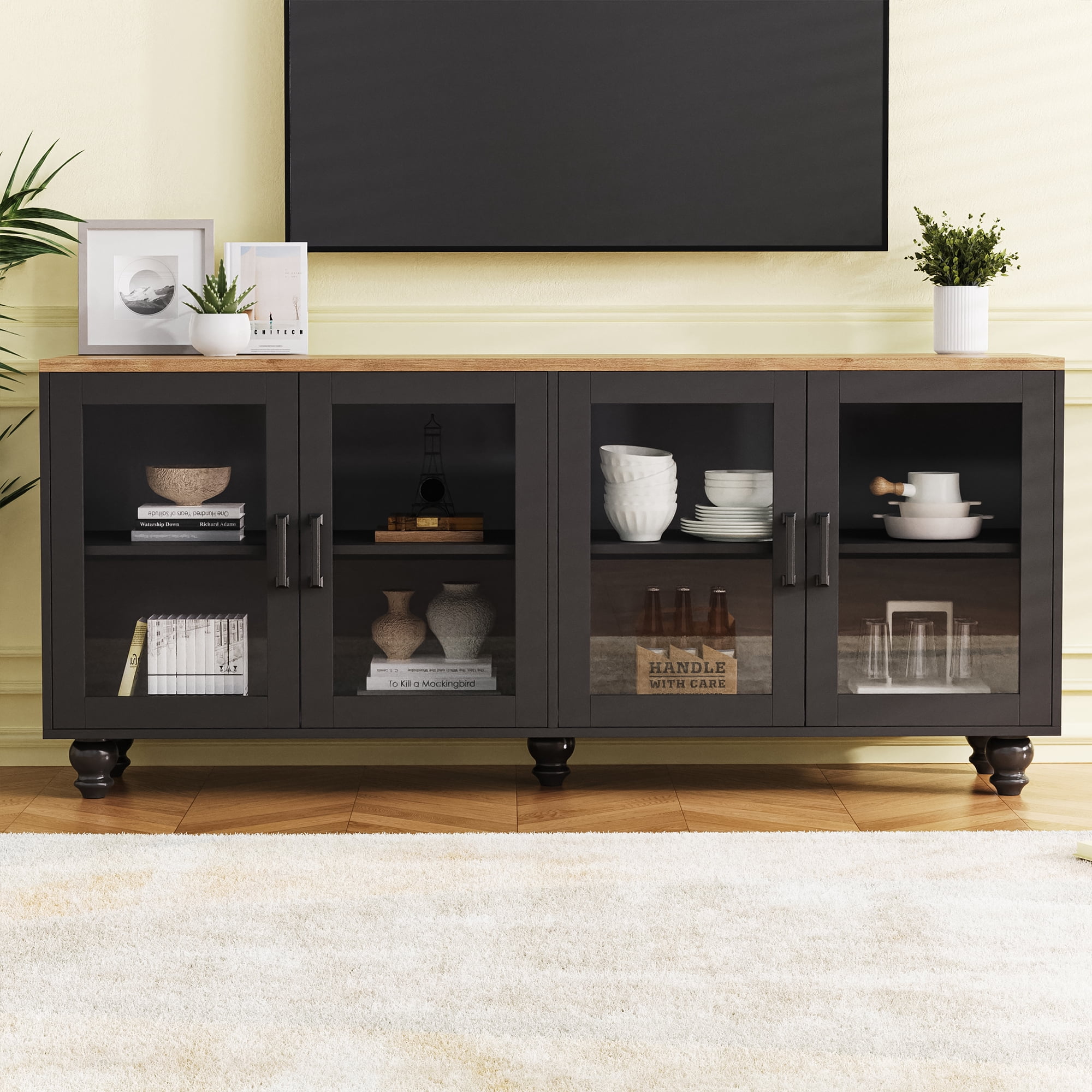 Euroco 63" Farmhouse TV Stand with Glass Doors & Adjustable Shelves, Buffet Sideboard Console with Solid Wood Gourd Legs, Vintage Display Cabinet for TVs up to 70", Living Room or Dining Room