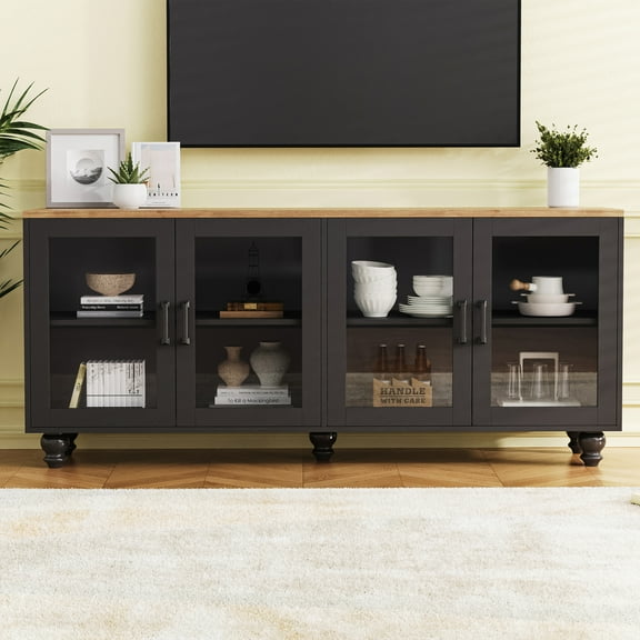 63" Farmhouse TV Stand with Glass Doors & Gourd-Shaped Legsâ â Rustic Media Console for 70" TVs, Adjustable Shelves, Buffet Cabinet for Living Room/Dining Room