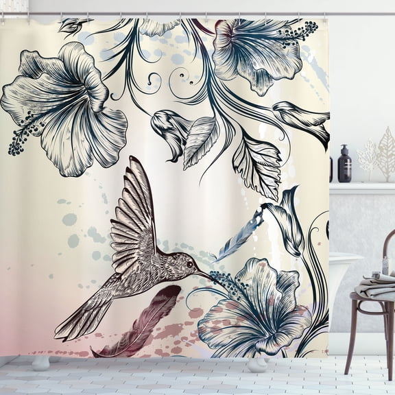 Ambesonne Nature Shower Curtain, Vintage Birds Flowers, 69"Wx70"L, Teal Brown