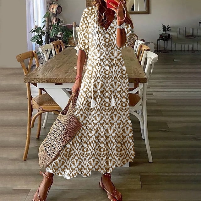 FcBaudy Robes d'Été pour Femmes, Robes pour Femmes, Jupe pour Femmes Robe Décontractée à la Mode pour Femmes Printemps/été à Col en V à Manches Courtes Imprimée Jupe pour Dames