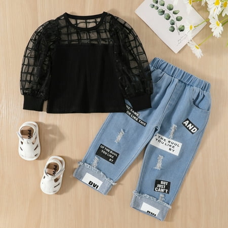 

nsendm Toddler Kids Baby Girls Tulle Puff Sleeve Ribbed T Shirt Tops Hole Crop Denim Jeans Long Pants 2PCS Girl Outfits Teens Childrenscostume Black 4 Years