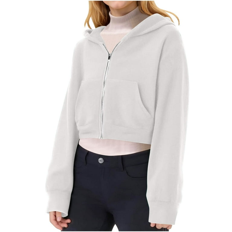 Teen Cropped Hoodie Long Sleeve Zip Up Hoodie White Hoodies with
