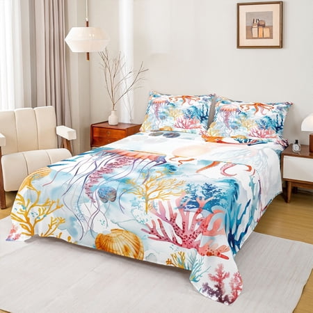 Manfei Watercolor Jellyfish Coral Full Size Sheets for Kids Boys and Girls Nautical Print Bed Sheets 4pcs 1 Flat Sheet 1 Fitted Sheet and 2 Pillowcases
