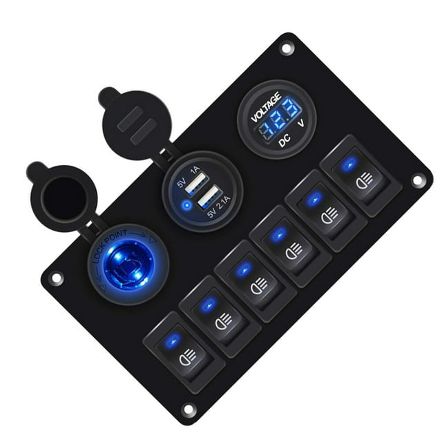 Luxshiny 6 Button Rocker Panel Circuit Breaker for Boat Dual SUB Charging Port Durable Aluminum Alloy Black