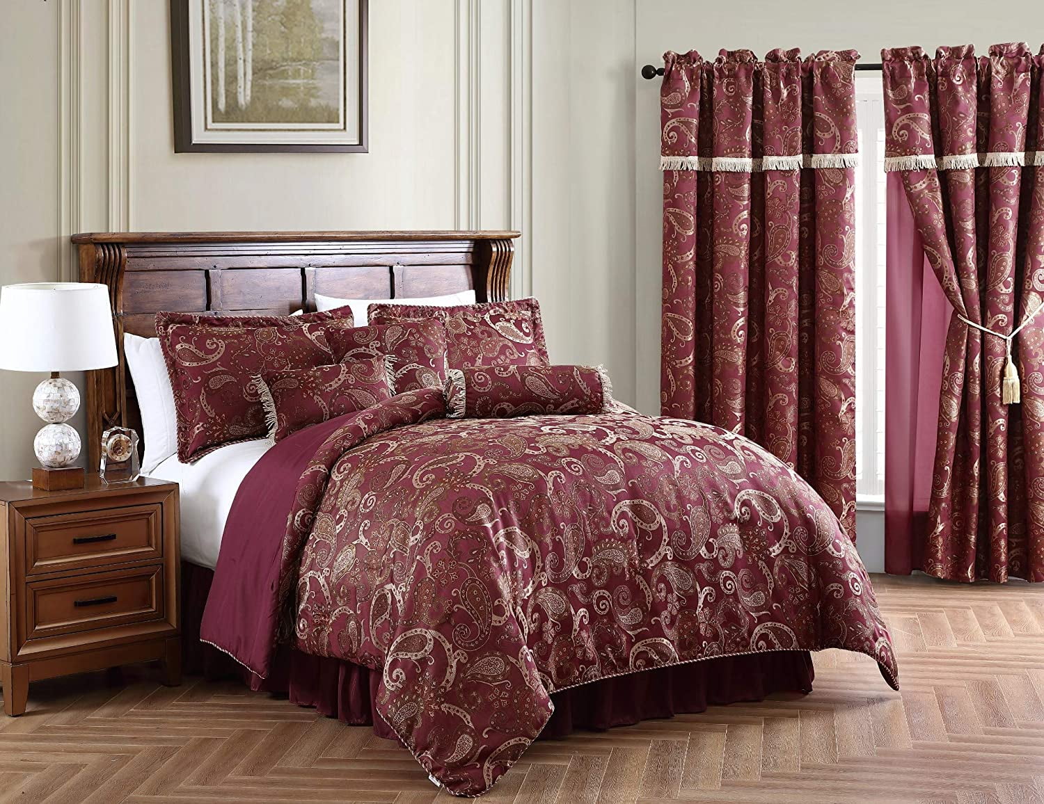 Chezmoi Collection 7pc Jacquard Floral Comforter or Curtain Set Maroon/Gold 