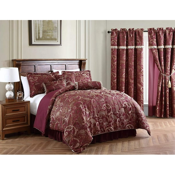 Chezmoi Collection Adelle 7Piece Burgundy Paisley Jacquard Comforter