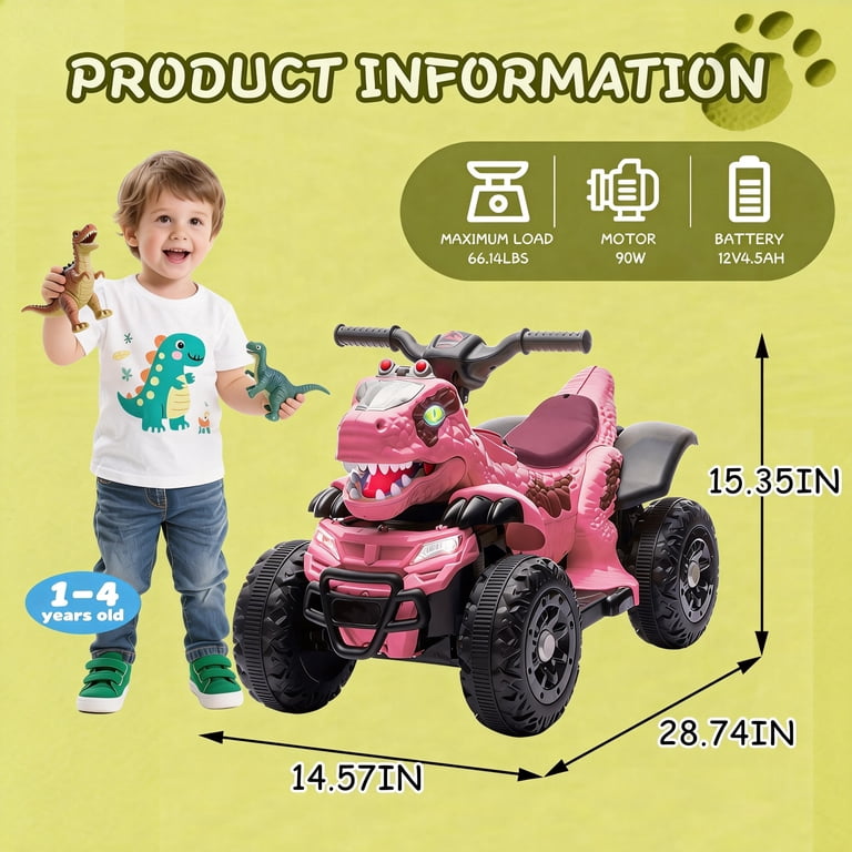 Track Seven 12V Ride-On ATV, Dinosaur Shape Electric Car, 2WD, Music,  Bluetooth, Power Display, Indoor& Outdoor Ride-On Toy Car for Boys Girls  Age 2+, Rose Pink - Walmart.com