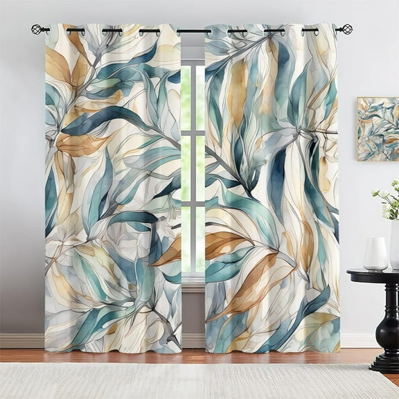 Tropical Watercolor Plant Leaves Curtains For Bedroom, Hand Painted Green Branches Window Treatment, Thermal Insulated Grommet Drapes, For Bedroom Living Room Window 52"W x 96"L (Pack of 2)