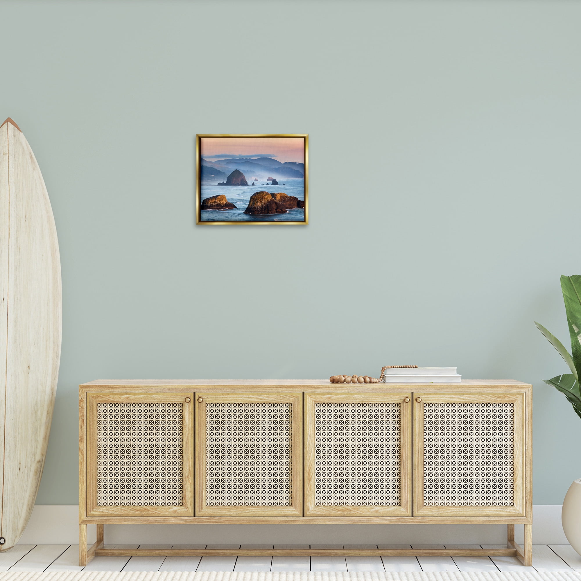 Stupell Industries Ocean Cliffs with Mountains Landscape Photography Gold Floater Framed Canvas Art Print Wall Art, 21 x 17