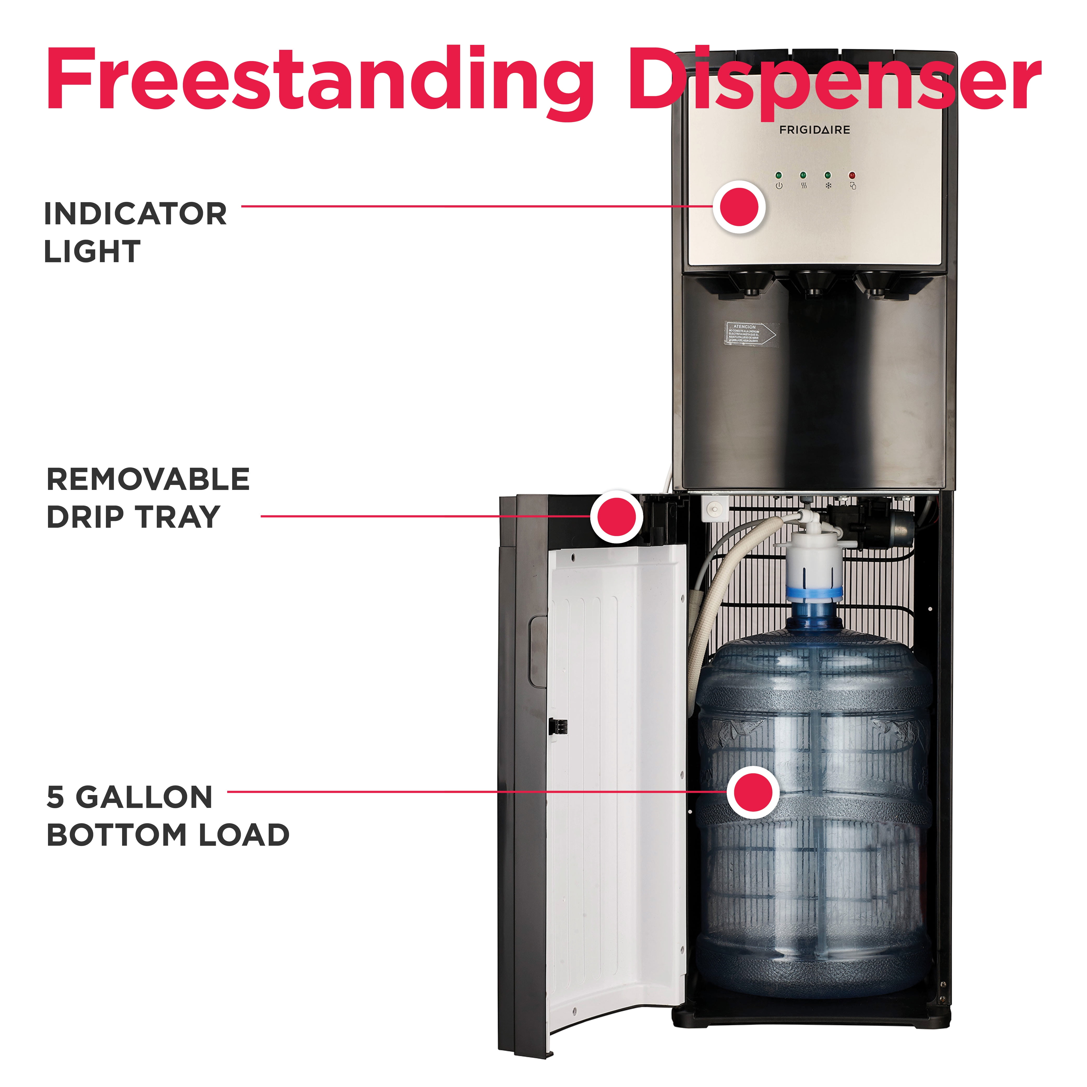 Frigidaire 5 Gallon Bottom Loading Hot and Cold Water Cooler Dispenser, Stainless Steel, EFWC505