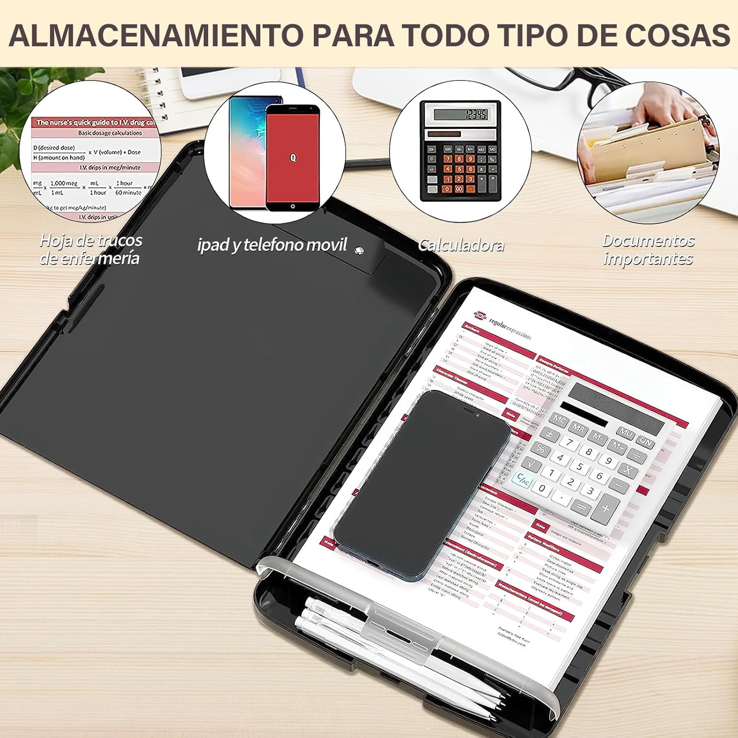 Plastic clipboard with storage, multi-function, side opening, ideal for nursing and office use (Black)