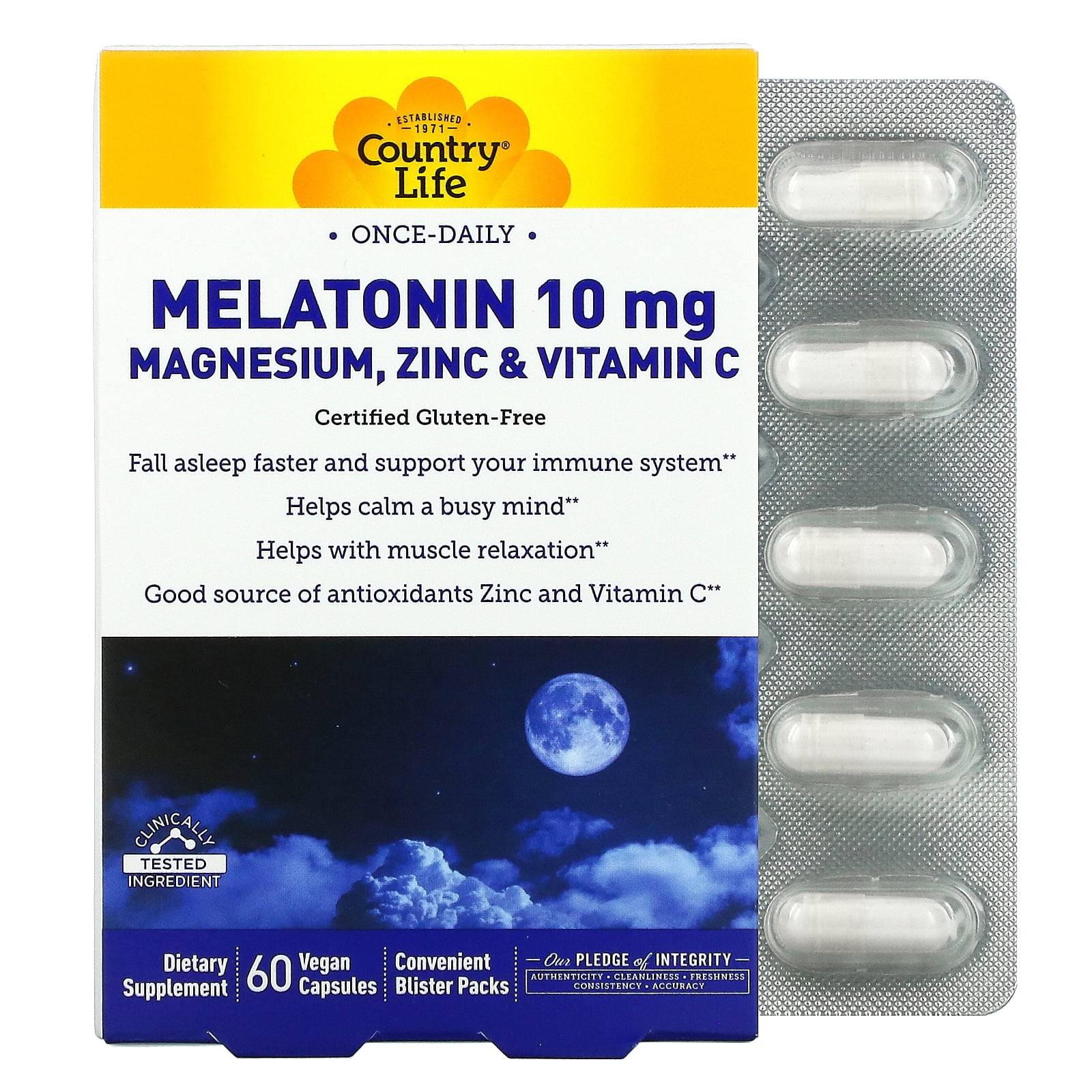 Melatonin 10 mg Magnesium, Zinc & Vitamin C, 60 Vegan Capsules, Country Life