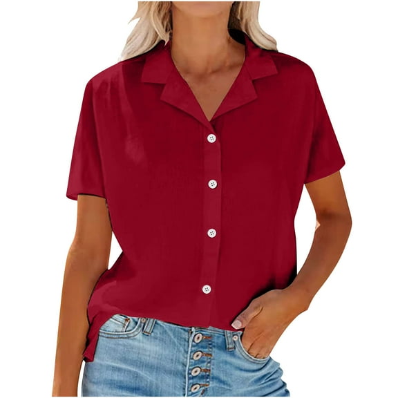 Staron Summer Button Down Shirts for Women Casual Loose Blouse Short Sleeve V-Neck Cotton Linen Tops, Red L