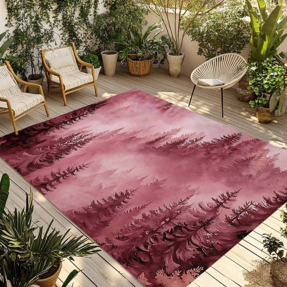 Pink Mountain Outdoor Rug 3x5 Ft - Reversible Patio Rug Outdoor Camping Rugs, Misty Forest Nature Woodland Pine Tree Landscape Indoor Outdoor Area Rugs, Non-Slip Outdoor Carpet Runner for Deck/Porch