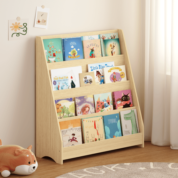 4 Tier Kids Open Wooden Bookshelf, Toddler Sling Bookcase, Montessori Bookshelf, Rounded Corner Design, Triangular Structure, Children Front Facing Book Shelf for Nursery, Playroom, and Classroom
