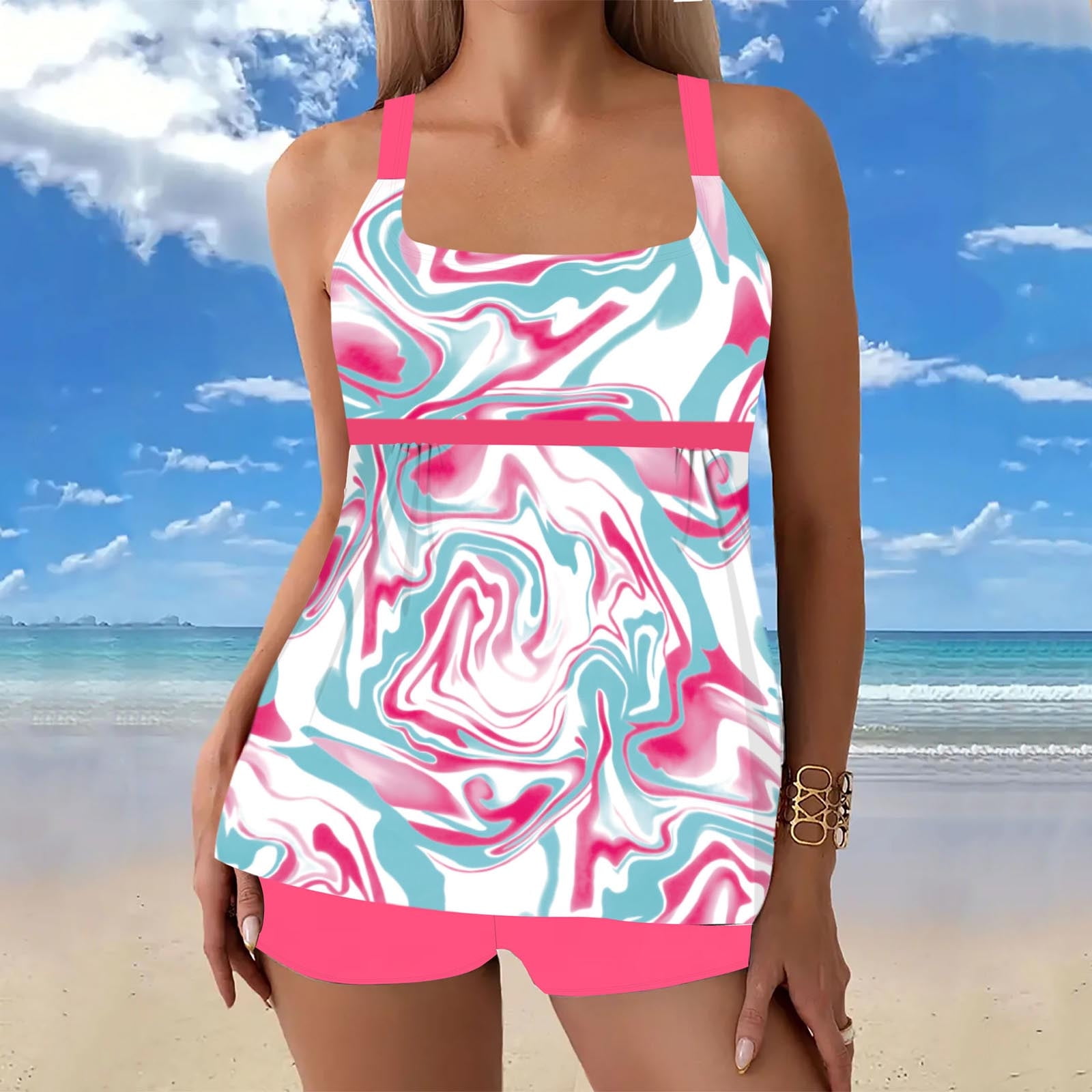 DISKEBUISS Women's and Women's Plus Tankinis Print Swimsuit Swim Suits with High Waisted Bottom S-5XL