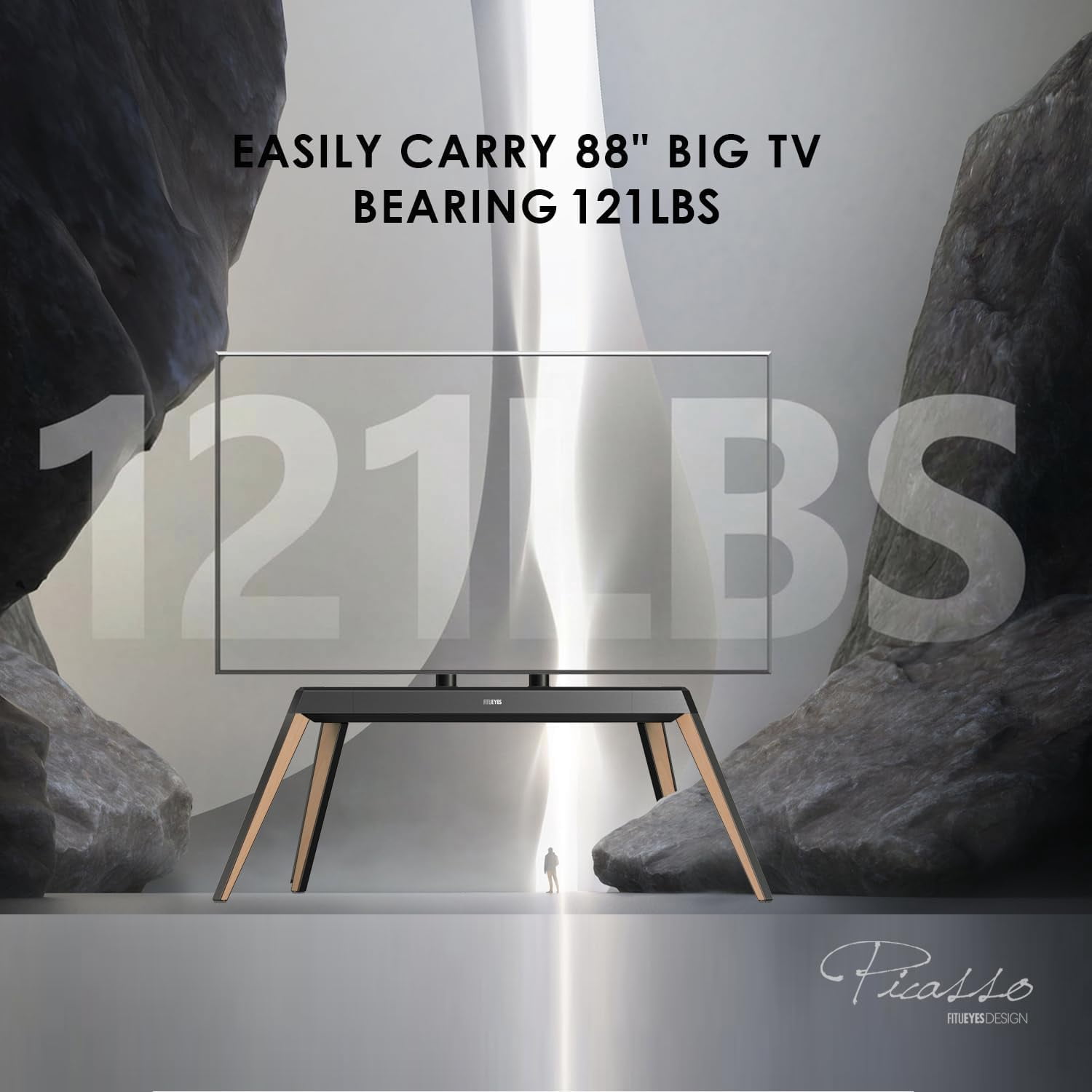 FITUEYES Picasso Series Floor TV Stand for 65–88 inch TVs, Black & Light Wood, Cable Management