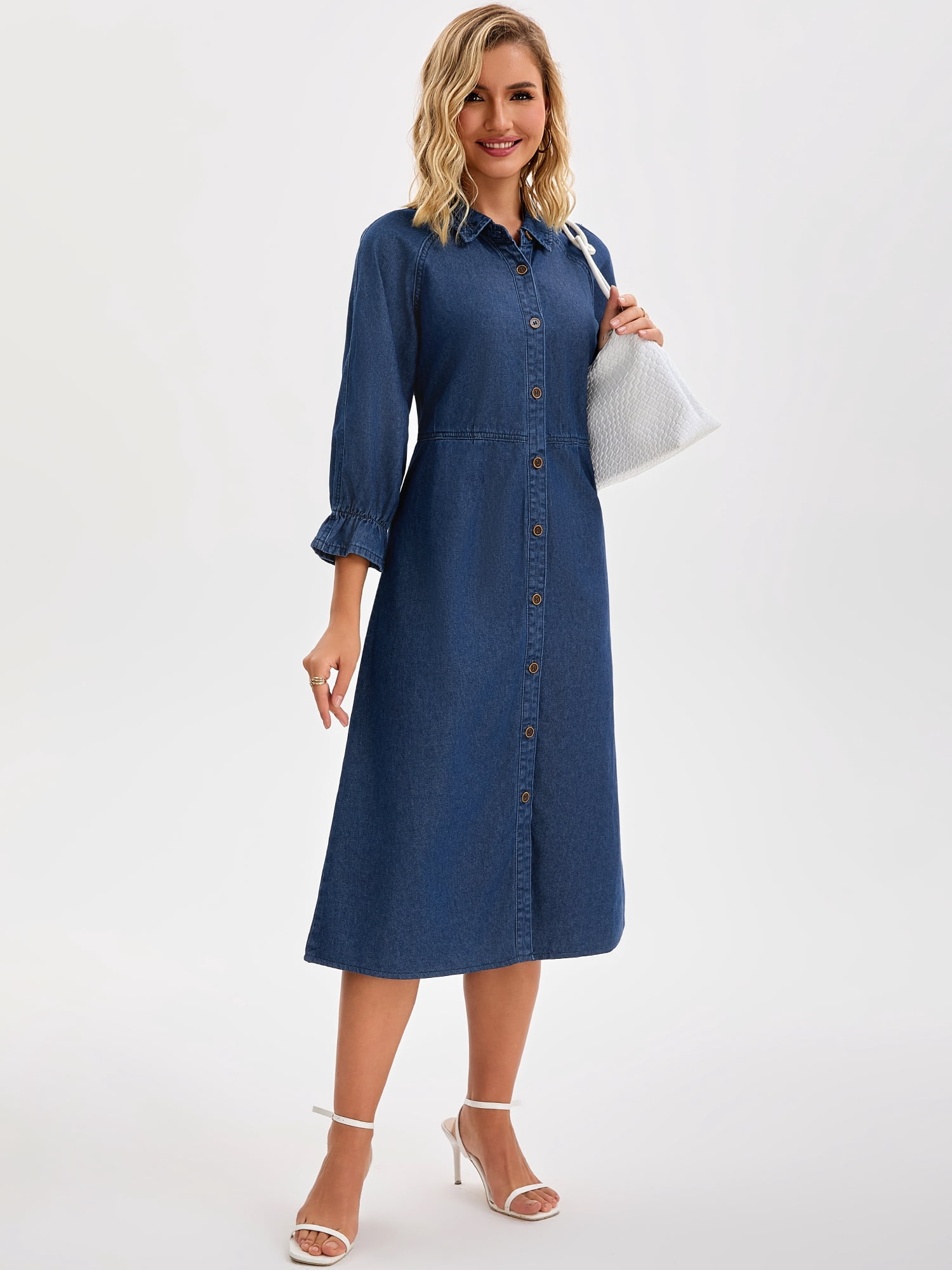 DARING DIVA Women's Ruffle 3/4 Sleeve Jean Button Down Shirt Dress M Dark Blue