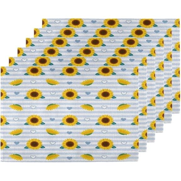 Sunflower Striped Love Placemats Set of 6, Heat Resistant Washable Linen Table Mat Wipeable Indoor Outdoor Kitchen Holiday Party Tables Decoration Coffee Place Mats 12x18 Inch