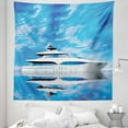 thumbnail image 1 of Seascape Tapestry, Marine Themed Photo of Yacht on Cloudy Pastel Sky and Blue Calm Water Print, Fabric Wall Hanging Decor for Bedroom Living Room Dorm, 5 Sizes, Blue Pale Grey, by Ambesonne, 1 of 1