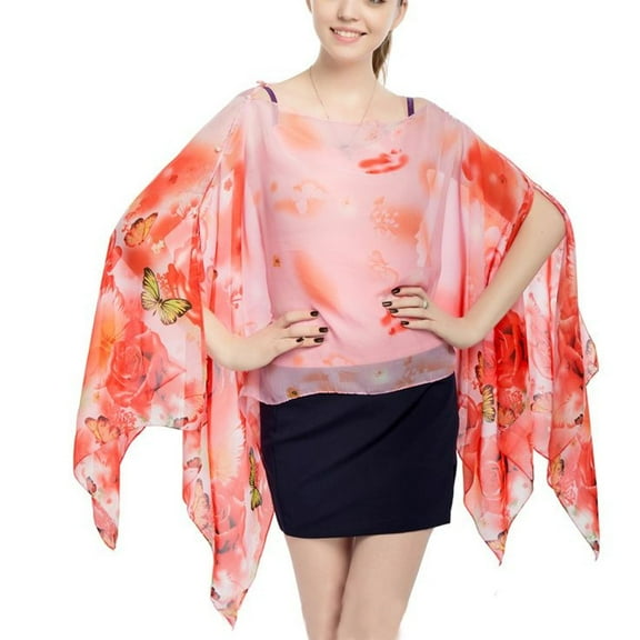 SWSMCLT Women's Soft Shawl Chiffon Top Silky Convertible Cape Soft Scarf V Neck Swing Off The Shoulder Summer Red One Size