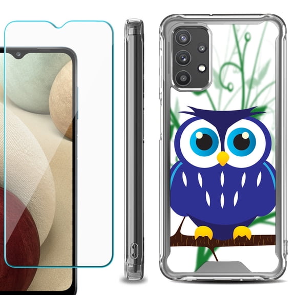 Shockproof Bumper Phone Case for Samsung Galaxy A32 5G, with Tempered Glass Screen Protector, by OneToughShield ® - Blue Owl
