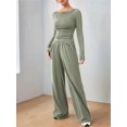 thumbnail image 4 of Women'S 2 Piece Matching Lounge Set Long Sleeve Boat Neck Top Wide Leg Pants Casual Sweatsuit Bean Green M, 4 of 9