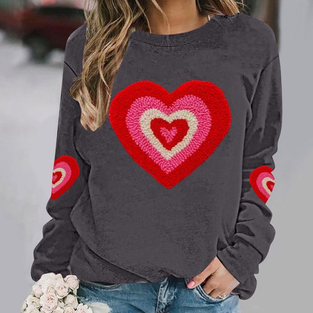 ICHUANYI Chandail à Col Rond pour Femmes de la Saint-Valentin avec Graphique de Cœur Imprimé, Col Rond, Décontracté, Ample, Chandail à Capuchon, Blouse à Manches Longues, Hauts