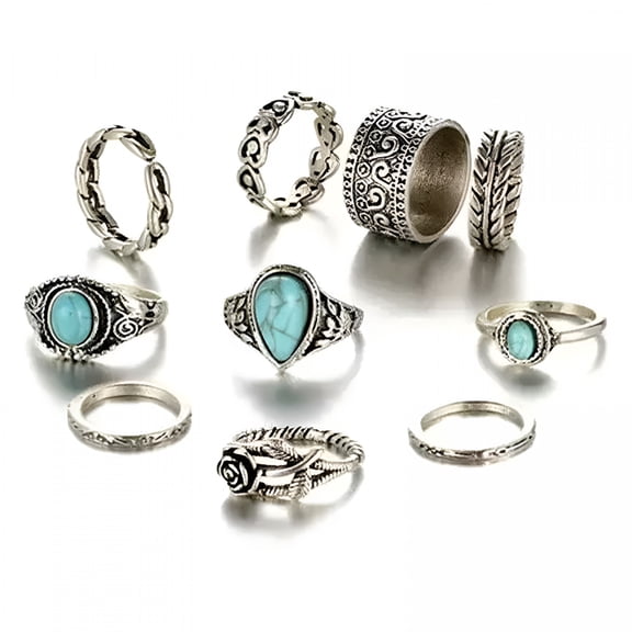 DESIGNICE 2026 New 10Pc Vintage Silver Knuckle Rings Set for Women Bohemian Stackable Joint Finger Rings Retro Stone Stacking Rings