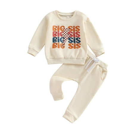 

Qtinghua Sister Matching Clothes Toddler Baby Girls Letter Print Long Sleeve Pullover Elastic Waist Pants 2Pcs Outfits Big Sis 2-3 Years