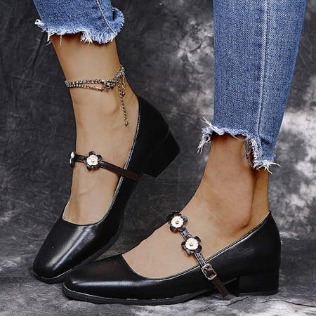 

Leisure Women Buckle Strap Comfort Round Toe Square Heel Work Single Shoes