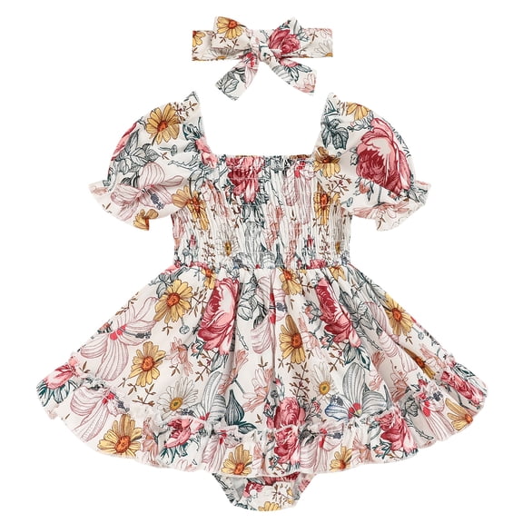 ZEHJUHAN Infant Girls Smocked Bubble Romper Dress Short Puff Sleeves with Matching Headband Multicolor,0-3M