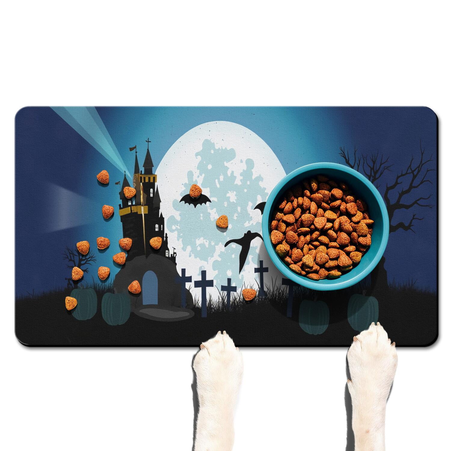 Happy Halloween Pet Food Mat Absorbent No-Slip 17x30 Inch Pet Food Mat Pumpkin Skull Bat Spider Cat Feeding Mat EcoFriendly Durable Pet Placemat