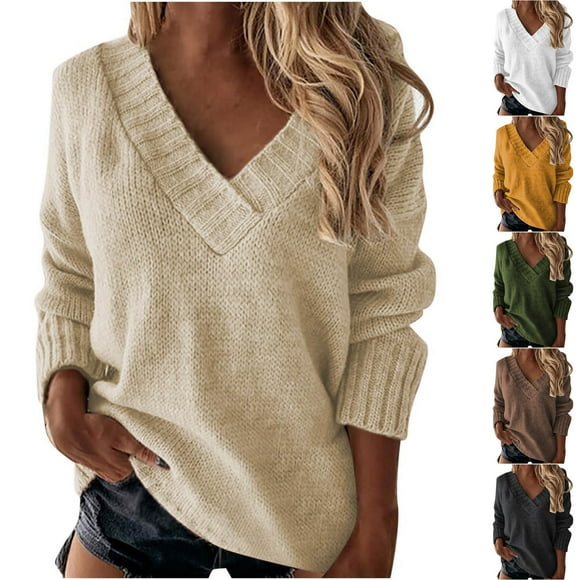 HOZADOIE Sweaters for Women V Neck Long Sleeve Lightweight Ribbed Knit Pullover Sweater Casual Blouse Tops