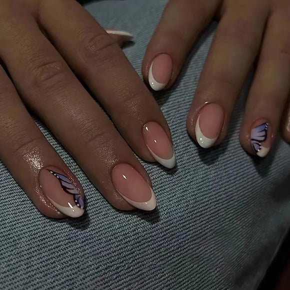 Press on Nails Short Almond French Tip Fake Nails White Full Cover Blue Butterfly False Nails with Designs Glossy Glue on Nails Acrylic Nails Artificial Nails for Women Girls 24 Pcs