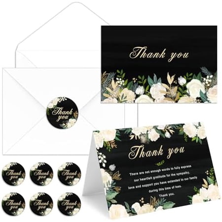50 Pack Black Funeral Thank You Cards with Envelopes, 4×6In Watercolor Flowers Sympathy Bereavement Thank You Card on the Inside for Funeral Memorial Family Loved Ones Celebration of Life
