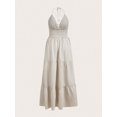 thumbnail image 2 of Womens Apricot Boho Halter Maxi Dress V-Neck Smocked Waist Tiered Beach, 2 of 5