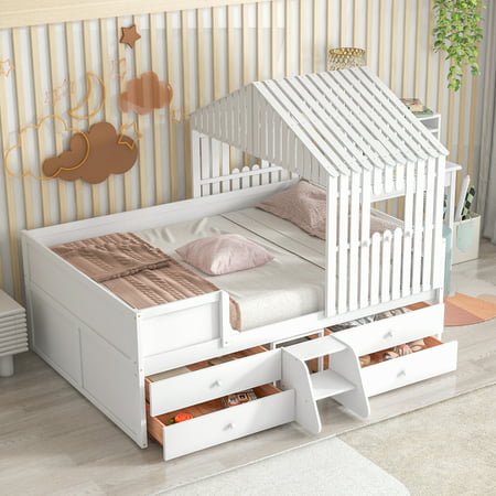 Churanty Full Size Loft Bed with 4 Storage Drawers for Kids/Teens  Wooden House Low Floor Loft Bed with Window  Roof and Ladder White