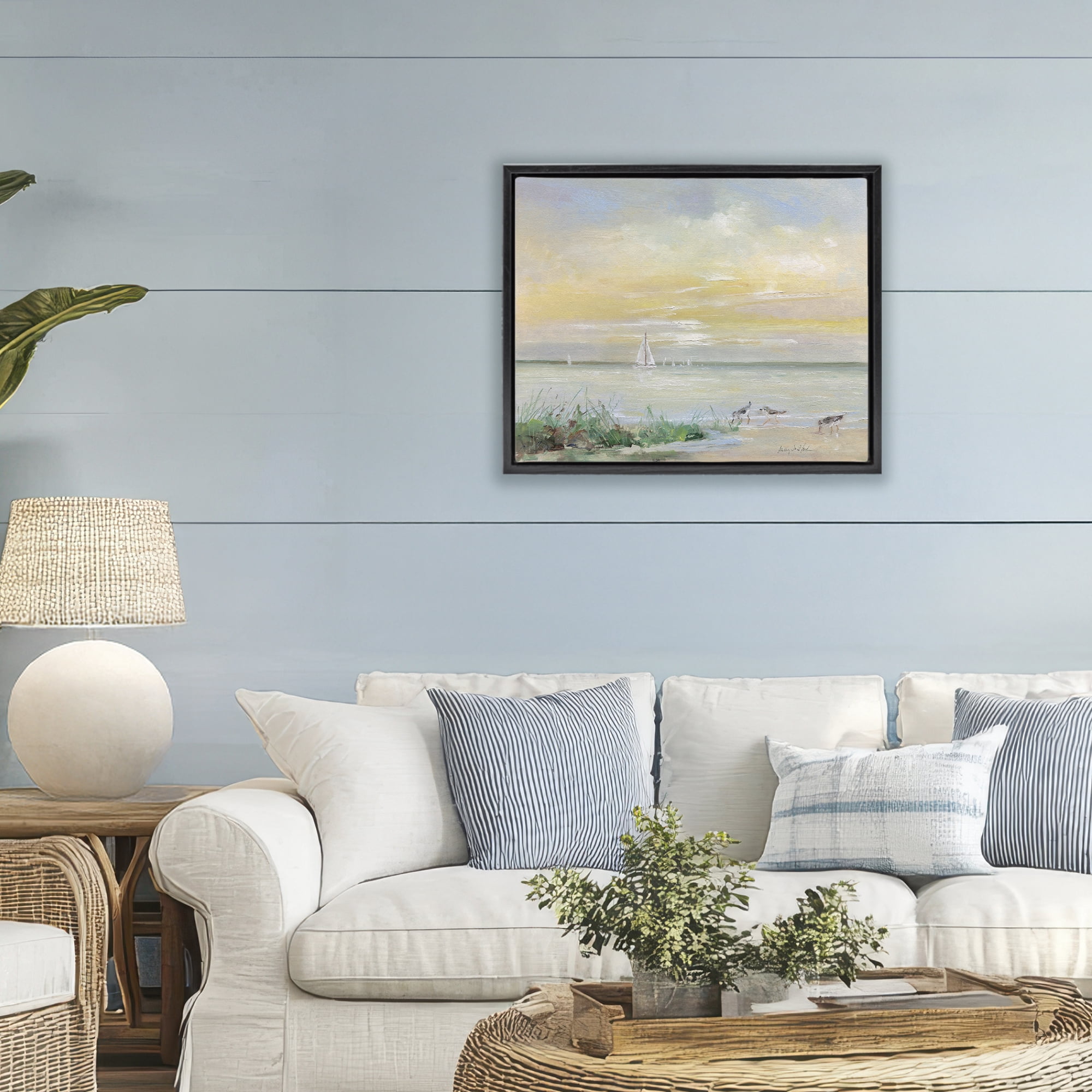 Stupell Industries Sailboats & Sanderlings Shore Black Framed Floater Canvas Wall Art, design by Sally Swatland