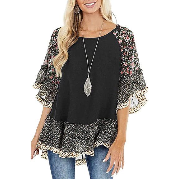 Douhoow Women's Boho Shirts Ruffle 3/4 Sleeve Crew Neck Blouse Leopard Floral Print Patchwork Tunic Tops Plus Size Summer Hippie Clothing