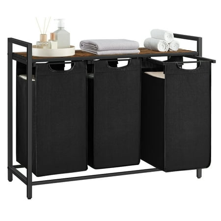 VASAGLE Panier à Linge, Panier à Linge, Trieur à Linge avec 3 Sacs Coulissants et Amovibles, Étagère, Cadre en Métal, 3 x 10 Gallons (38 L), 36,4 x 13 x 28,4 Pouces, Brun Rustique et Noir