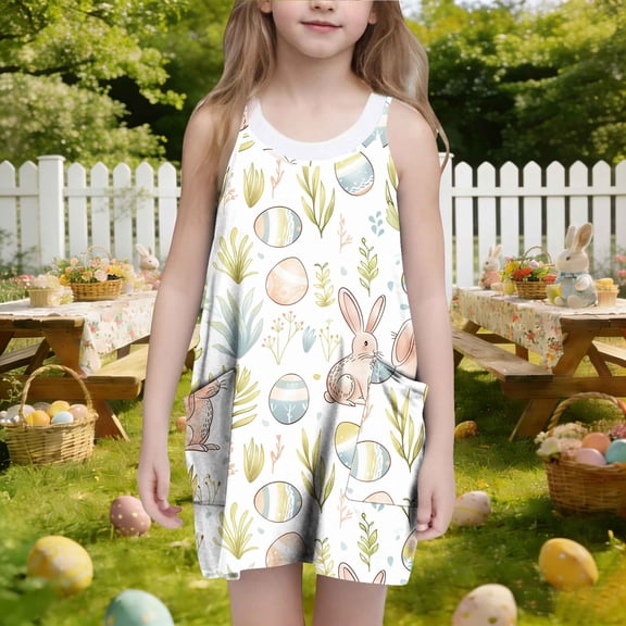 ATOGUTA Girls' Dresses Casual Summer Spaghetti Straps Easter Romper Dresses with Pockets for Kid Size 3T-10. Multicolor