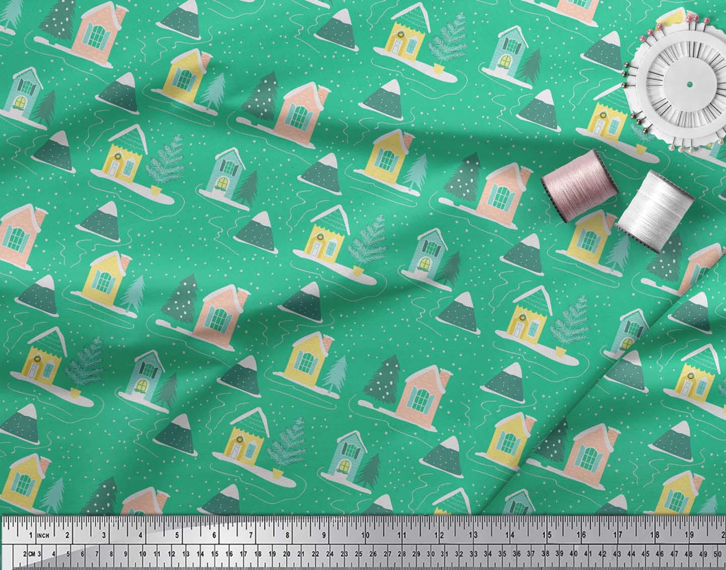 Soimoi Green Cotton Voile Fabric Christmas Tree & House Nature Printed Craft Fabric by the Yard 56 Inch Wide