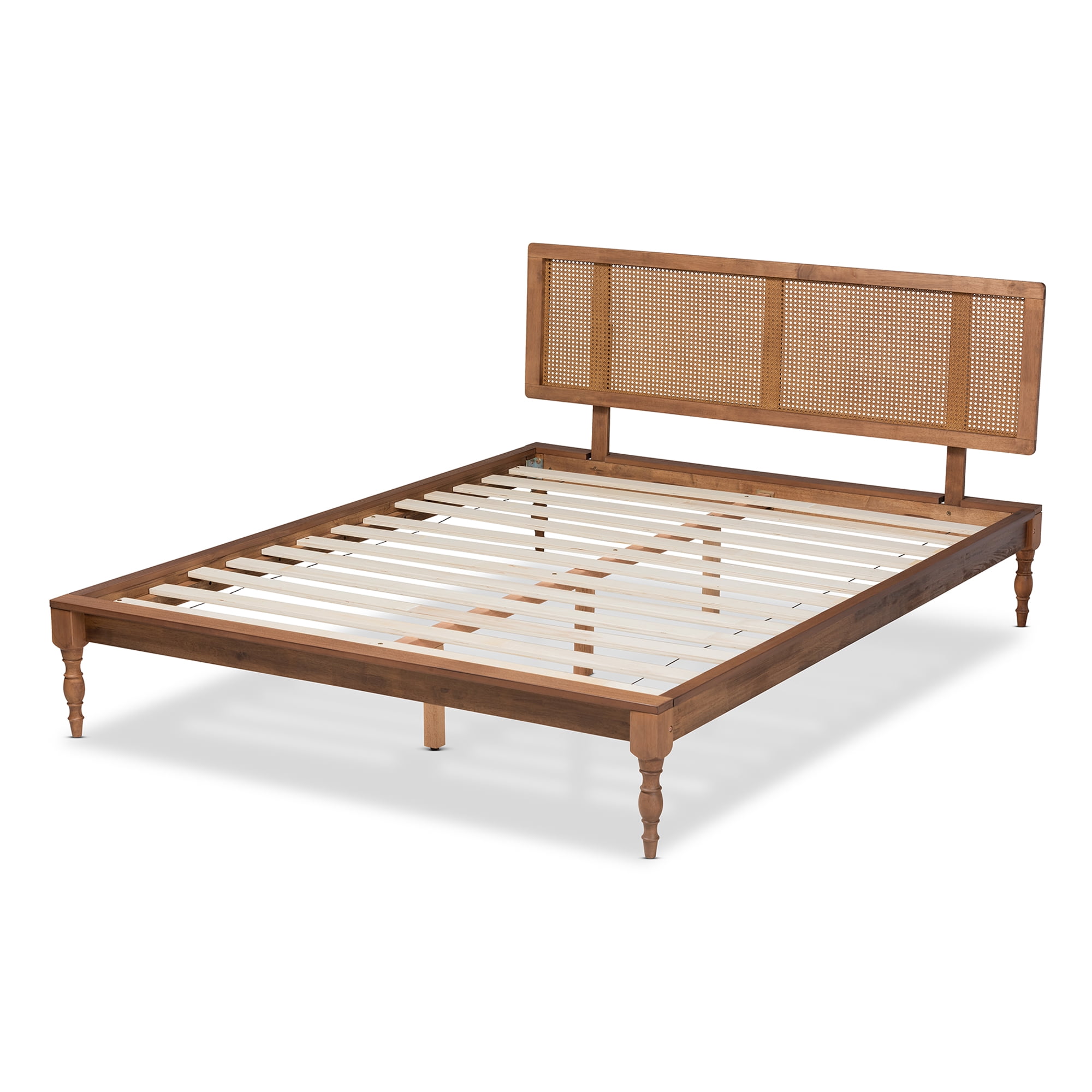 Baxton Studio Romy Vintage French Inspired Ash Wanut Finished Wood and Synthetic Rattan King Size Platform Bed