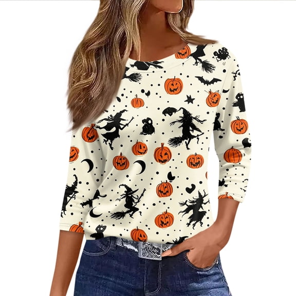Halloween Shirts for Women Funny 3/4 Sleeve T Shirts Horror Pumpkin Witch Printed Pullover Spooky Crew Neck Tops Holiday Three Quarter Length Blouses, 3XL